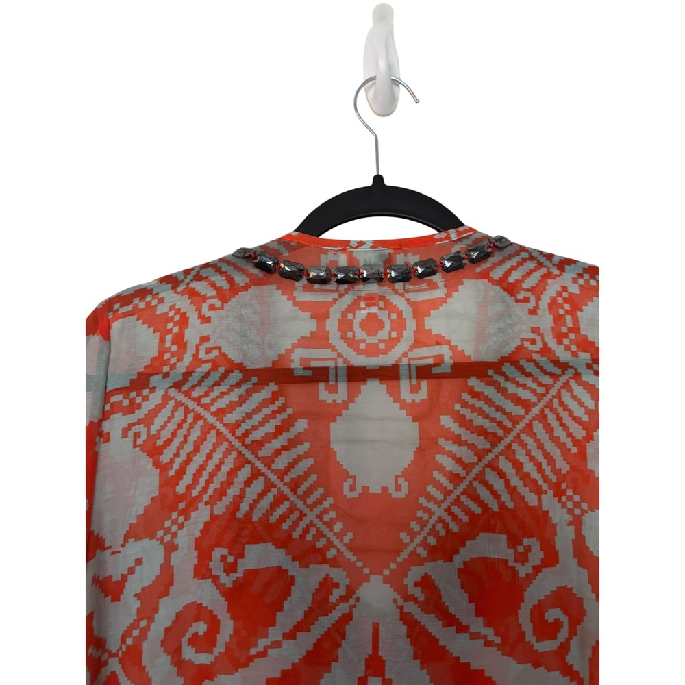 Milly of New York Orange Ikat SILK Blend Beaded V-Neck Tunic Blouse Size 8 Airy - Picture 10 of 10